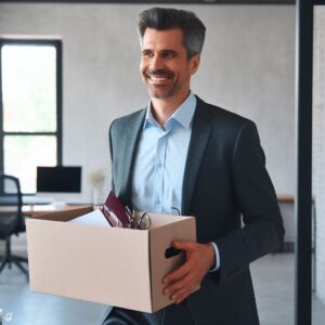 Man smiling as he leaves his office on his final day.